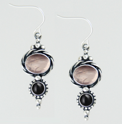 Sterling Silver Drop Dangle Earrings With Rose Quartz And Black Onyx